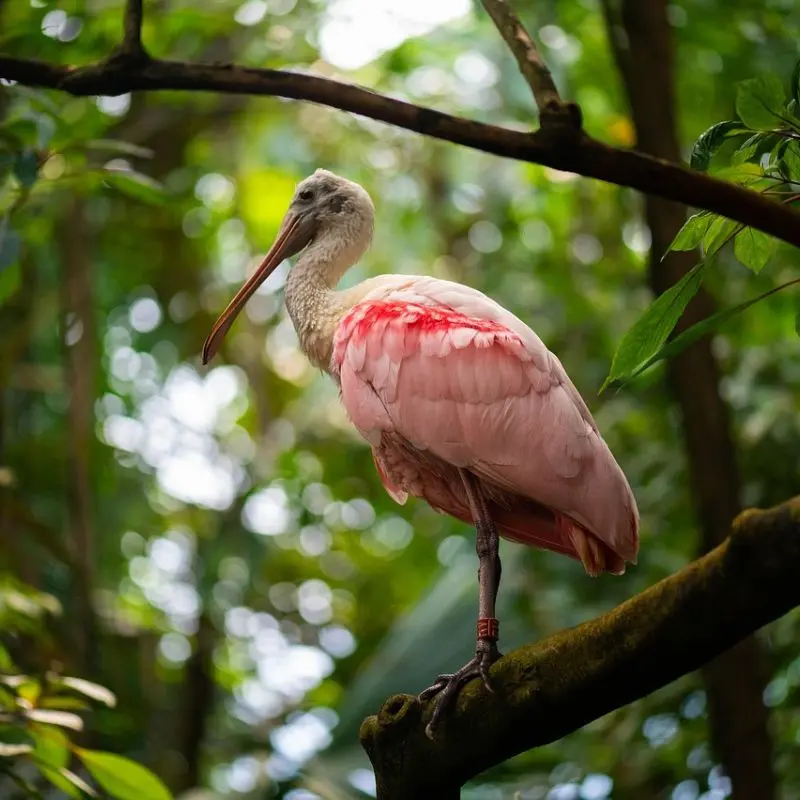 Roseate Spoonbill perched on a tree branch with soft pink feathers and a long, spoon-shaped bill in a lush green forest.